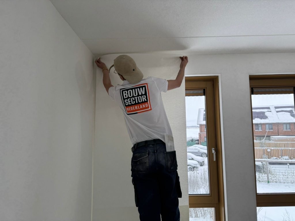 Vakman van Bouwsector Nederland zet een baan renovlies bovenaan tegen het plafond aan