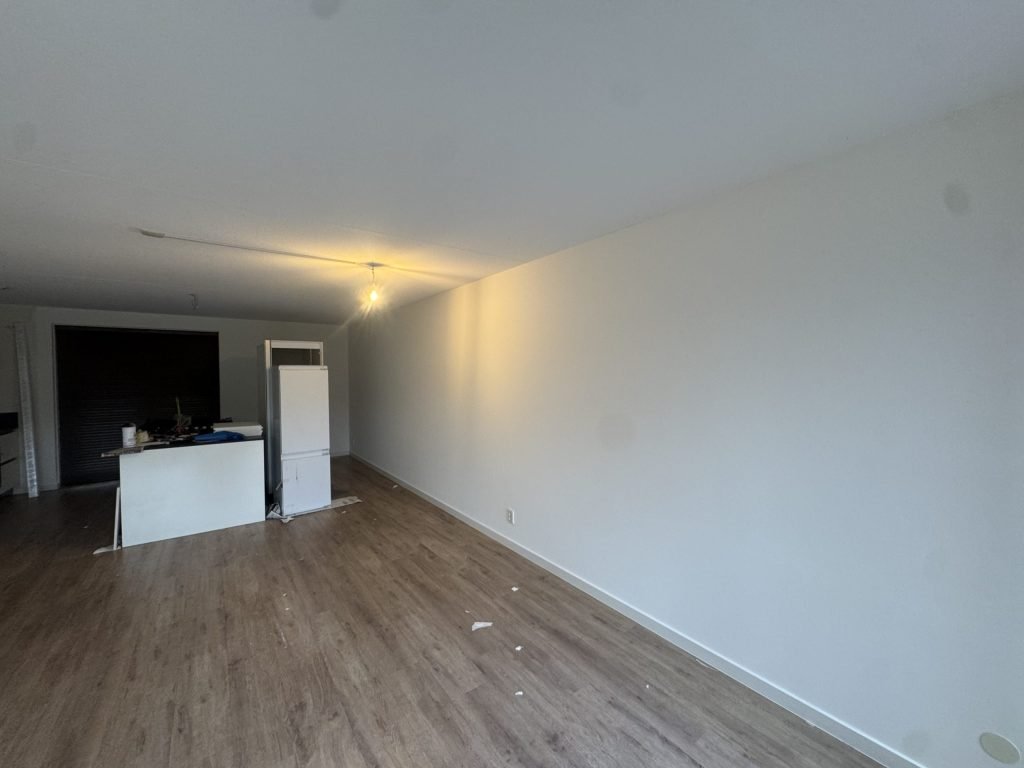 Lange woonkamerwand, strak en licht afgewerkt, met laminaatvloer en een keukenblok achterin